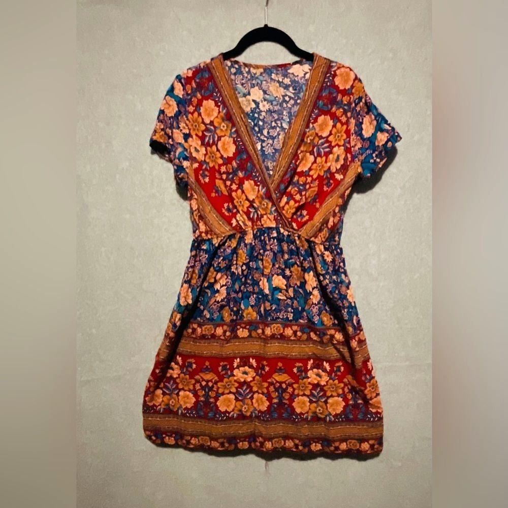 SHEIN Boho Floral Border Print Mini Dress L V-Neck Faux Wrap Summer Rust Blue